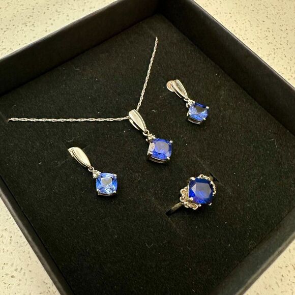 Silver Ring, Earrings, and Necklace Set with Blue Gemstones - Picture 2 of 9
